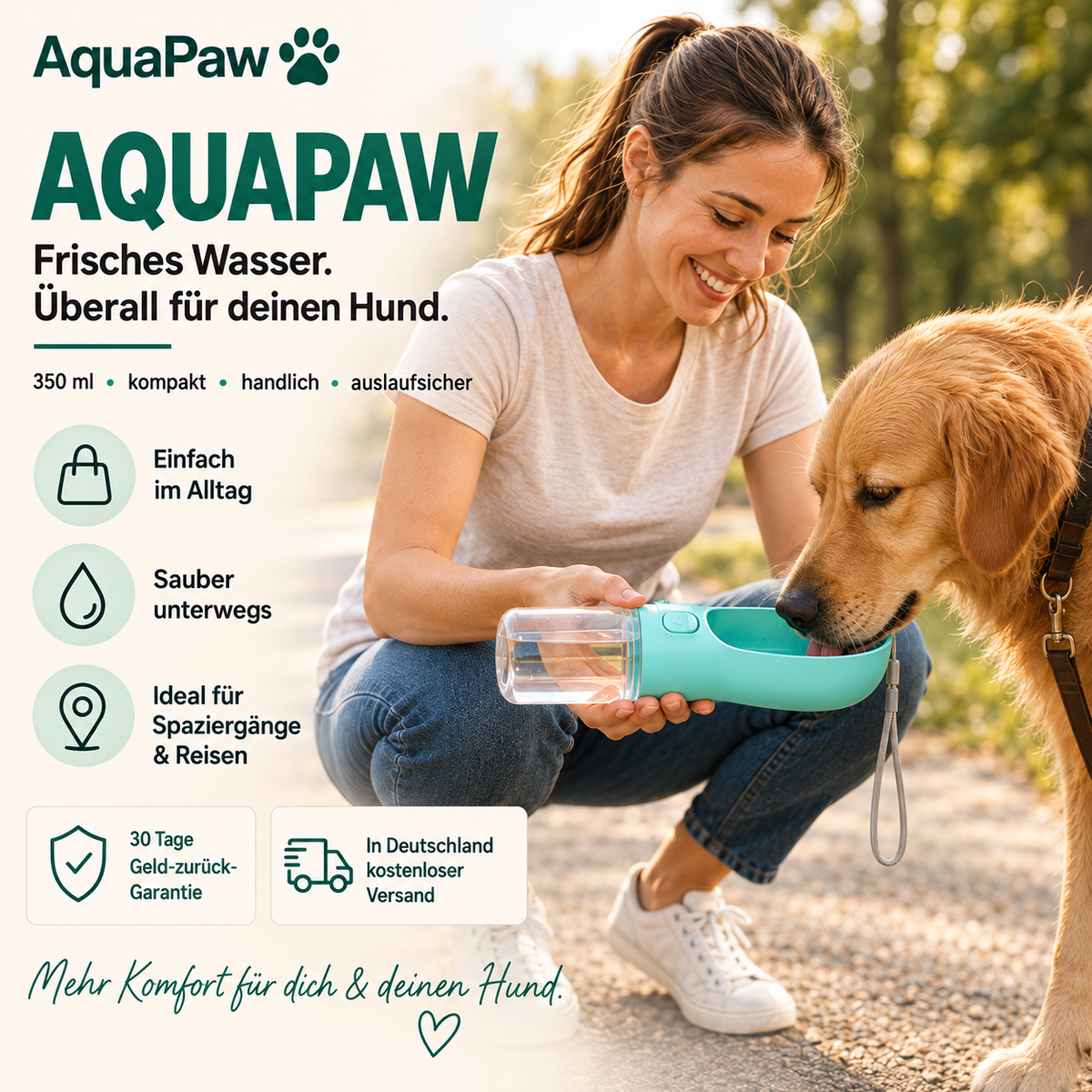 AquaPaw™ – Trinkflasche für Hunde für Spaziergänge, Reisen & unterwegs