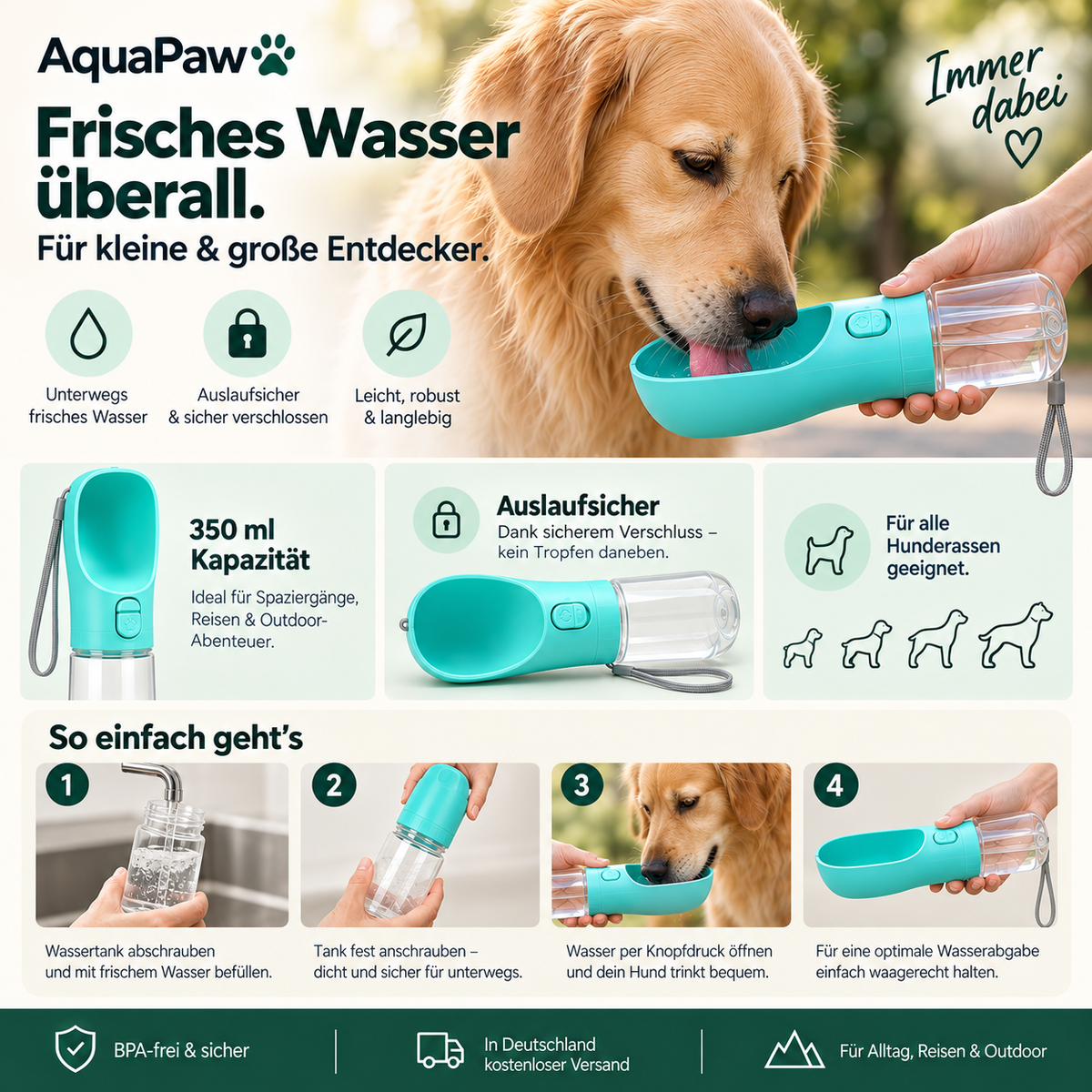 AquaPaw™ – Trinkflasche für Hunde für Spaziergänge, Reisen & unterwegs