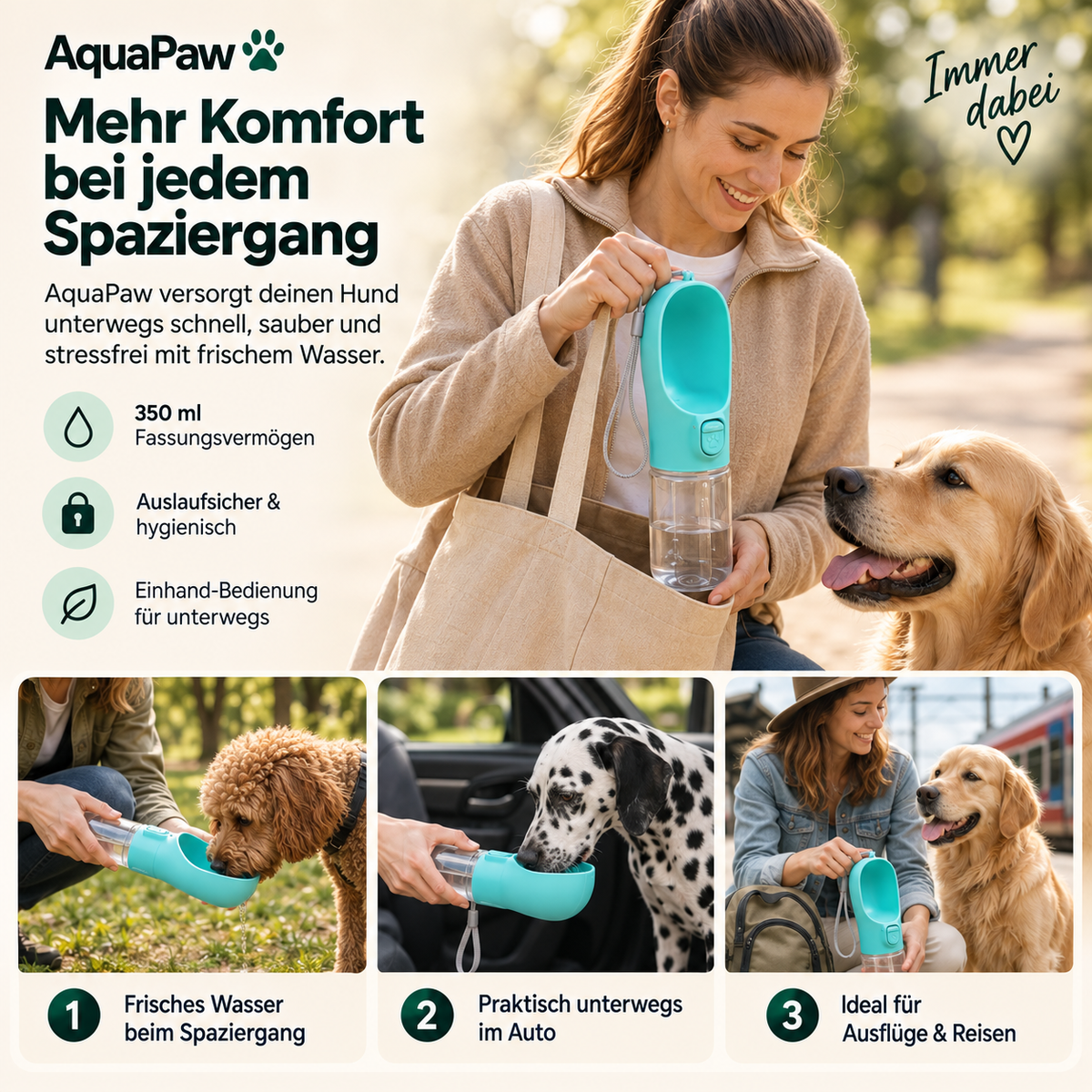AquaPaw™ – Trinkflasche für Hunde für Spaziergänge, Reisen & unterwegs