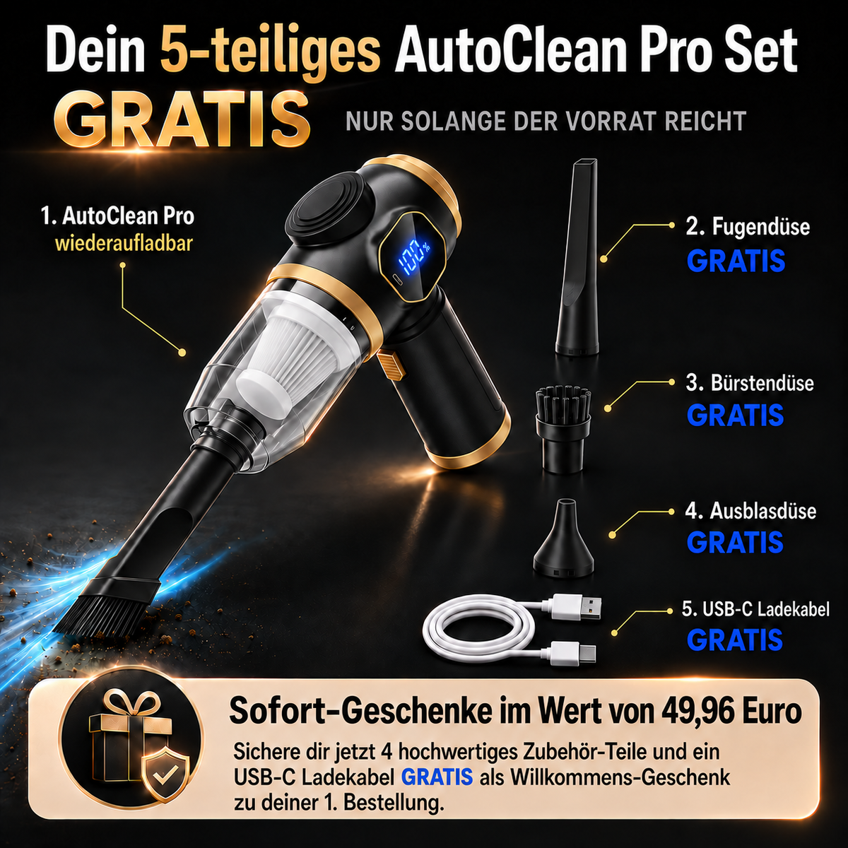 AutoClean Pro™ - Kabelloser Handstaubsauger für Auto & Zuhause