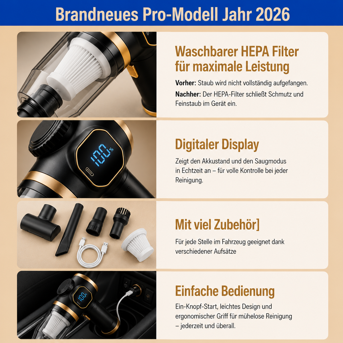 AutoClean Pro™ - Kabelloser Handstaubsauger für Auto & Zuhause